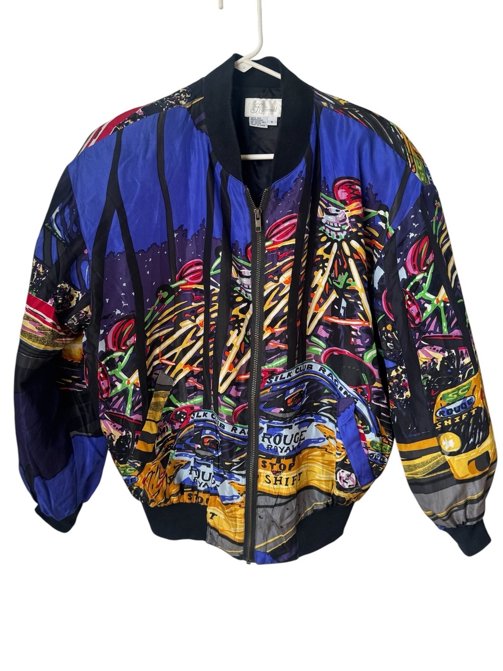 Vintage Neon Carnival Print Silk Blue Bomber Jacket Women’s S MINTY RARE